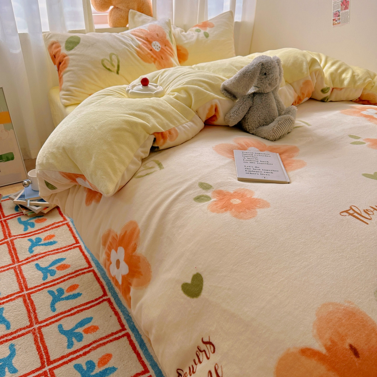 91家纺网 家纺一手货源 找家纺 繁花家居 2025新款200克牛奶绒小清新卡通复古风三件套四件套 花园时光