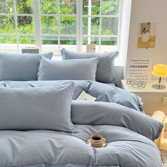 91家纺网 家纺一手货源 找家纺 宜家坊 2025新款A类全棉纯棉色织水洗棉宽边断角工艺四件套 可定制尺寸 爱的邂逅-蓝