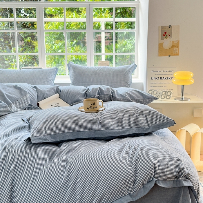 91家纺网 家纺一手货源 找家纺 宜家坊 2025新款A类全棉纯棉色织水洗棉宽边断角工艺四件套 可定制尺寸 爱的邂逅-蓝