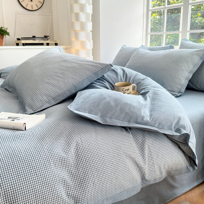 91家纺网 家纺一手货源 找家纺 宜家坊 2025新款A类全棉纯棉色织水洗棉宽边断角工艺四件套 可定制尺寸 爱的邂逅-蓝