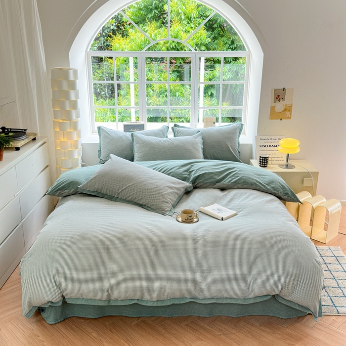 91家纺网 家纺一手货源 找家纺 宜家坊 2025新款A类全棉纯棉色织水洗棉宽边断角工艺四件套 可定制尺寸 爱的邂逅-绿