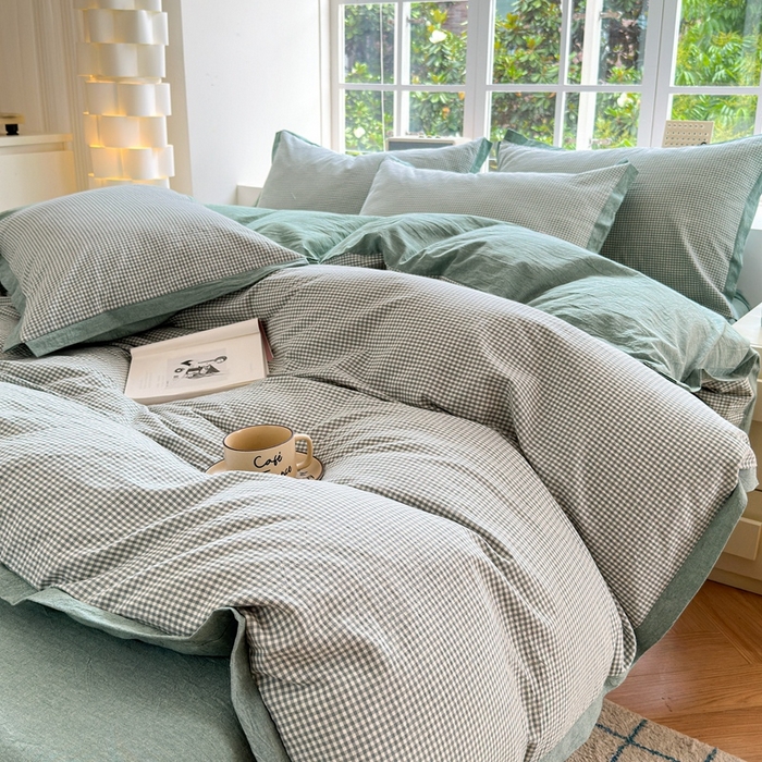 91家纺网 家纺一手货源 找家纺 宜家坊 2025新款A类全棉纯棉色织水洗棉宽边断角工艺四件套 可定制尺寸 爱的邂逅-绿