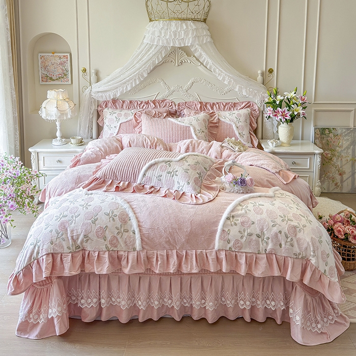 宜凡家纺 2025新款婴儿绒压花撞色双拼夹棉床盖四件套 床盖款-花曦