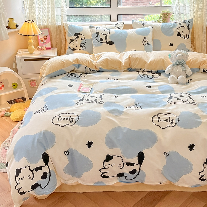 91家纺网 家纺一手货源 找家纺 麦伦家居 2025秋冬新款多功能床品全棉+牛奶绒印花四件套 斑点猫