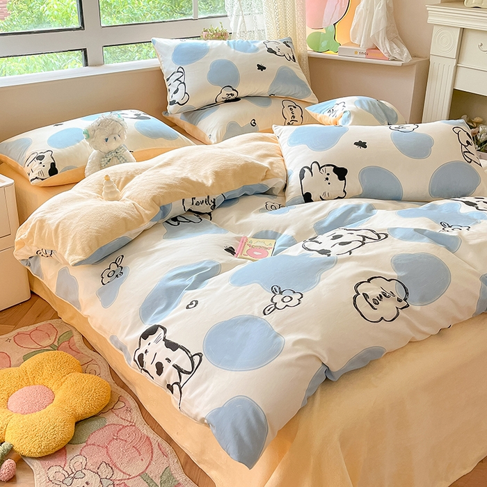 91家纺网 家纺一手货源 找家纺 麦伦家居 2025秋冬新款多功能床品全棉+牛奶绒印花四件套 斑点猫