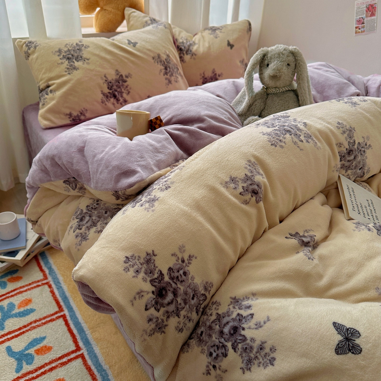 繁花家居 2025新款200克牛奶绒小清新卡通复古风三件套四件套 墨染