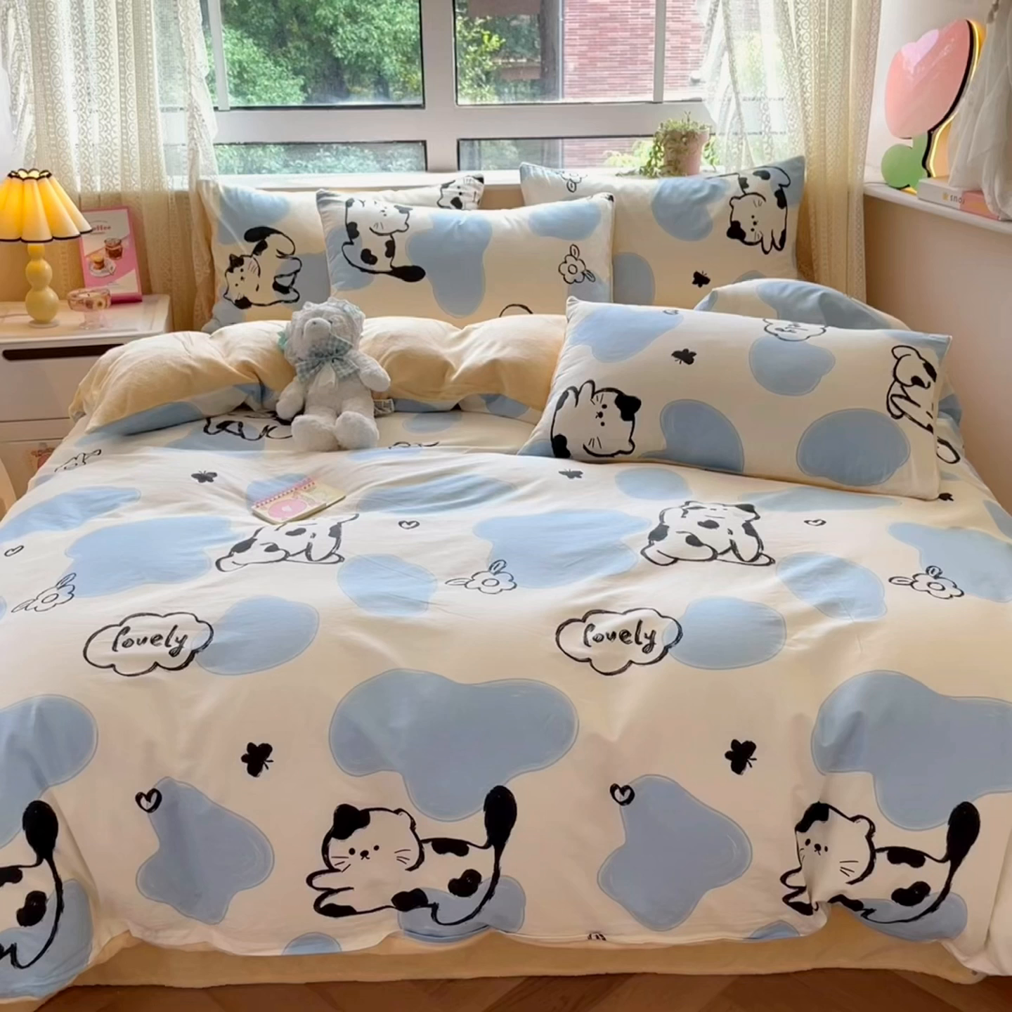 91家纺网 家纺一手货源 找家纺 麦伦家居 2025秋冬新款多功能床品全棉+牛奶绒印花四件套 斑点猫