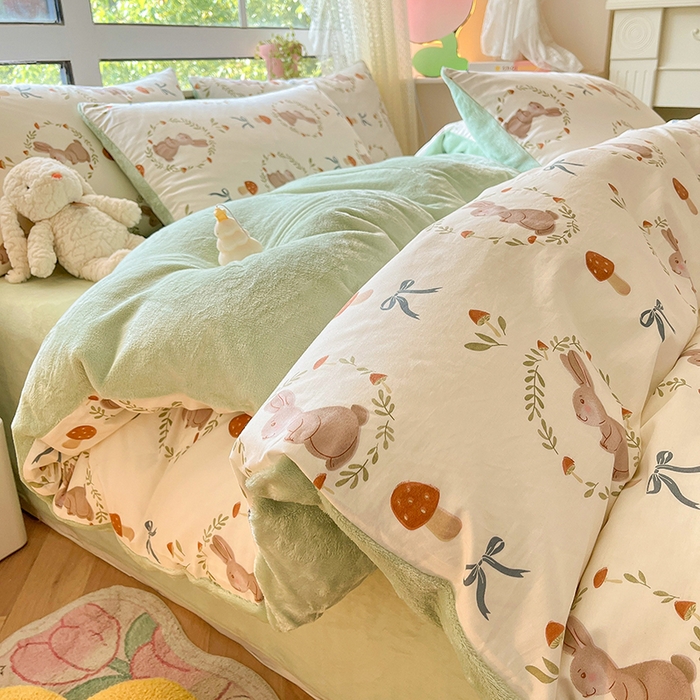 麦伦家居 2025秋冬新款多功能床品全棉+牛奶绒印花四件套 彼菲兔