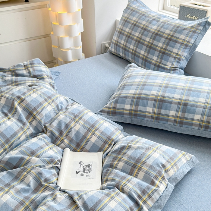 91家纺网 家纺一手货源 找家纺 宜家坊 2025新款A类全棉纯棉色织水洗棉宽边断角工艺四件套 可定制尺寸 幸福恋曲-蓝