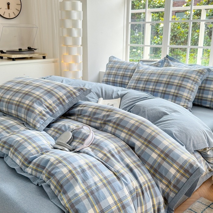 91家纺网 家纺一手货源 找家纺 宜家坊 2025新款A类全棉纯棉色织水洗棉宽边断角工艺四件套 可定制尺寸 幸福恋曲-蓝