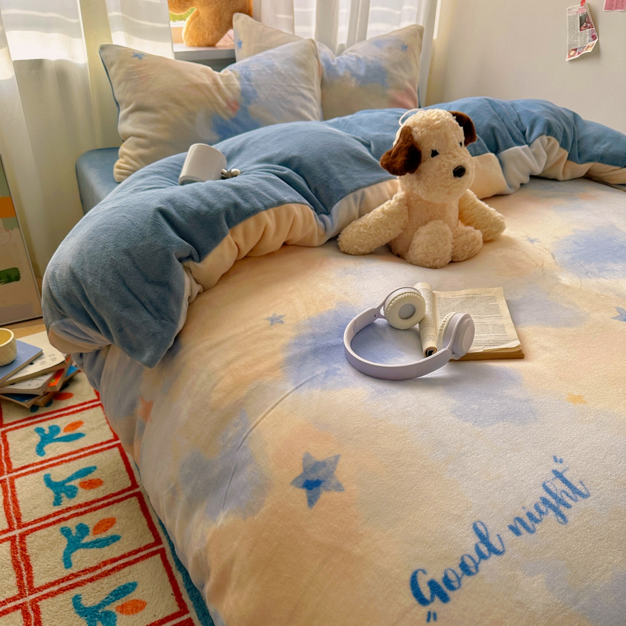 91家纺网 家纺一手货源 找家纺 繁花家居 2025新款200克牛奶绒小清新卡通复古风三件套四件套 南星