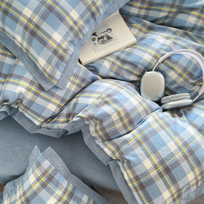 91家纺网 家纺一手货源 找家纺 宜家坊 2025新款A类全棉纯棉色织水洗棉宽边断角工艺四件套 可定制尺寸 幸福恋曲-蓝