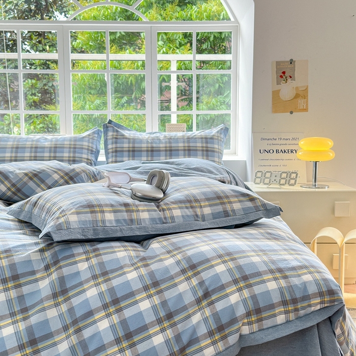 91家纺网 家纺一手货源 找家纺 宜家坊 2025新款A类全棉纯棉色织水洗棉宽边断角工艺四件套 可定制尺寸 幸福恋曲-蓝