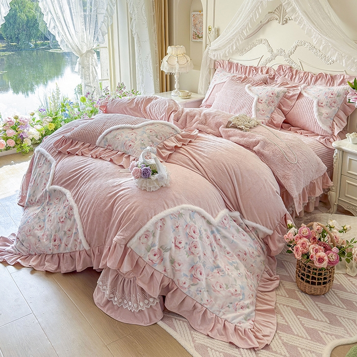 91家纺网 家纺一手货源 找家纺 宜凡家纺 2025新款婴儿绒压花撞色双拼夹棉床盖四件套 床盖款-汐月