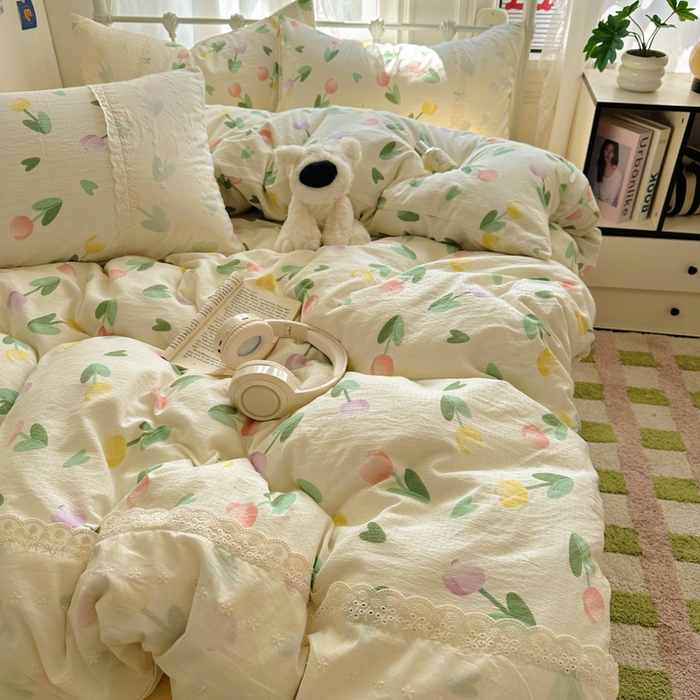 91家纺网 家纺一手货源 找家纺 （总）花伞家居 2025新款A类韩系蕾丝花边云感木棉双层纱四件套（提供买家秀）