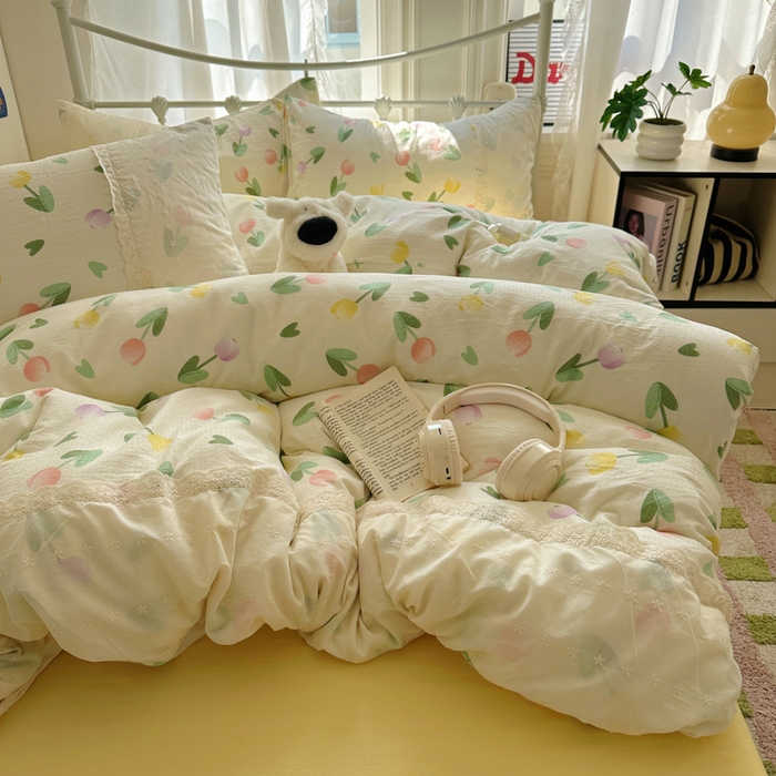 91家纺网 家纺一手货源 找家纺 （总）花伞家居 2025新款A类韩系蕾丝花边云感木棉双层纱四件套（提供买家秀）