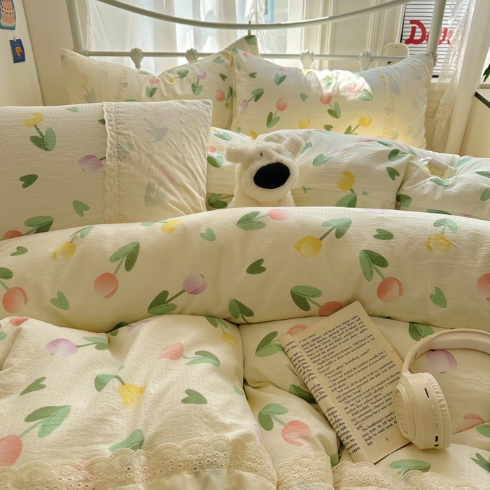 91家纺网 家纺一手货源 找家纺 （总）花伞家居 2025新款A类韩系蕾丝花边云感木棉双层纱四件套（提供买家秀）