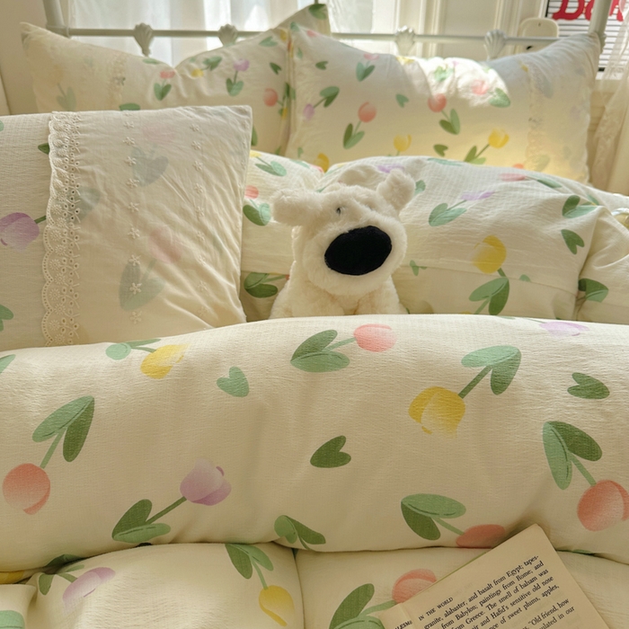 91家纺网 家纺一手货源 找家纺 （总）花伞家居 2025新款A类韩系蕾丝花边云感木棉双层纱四件套（提供买家秀）