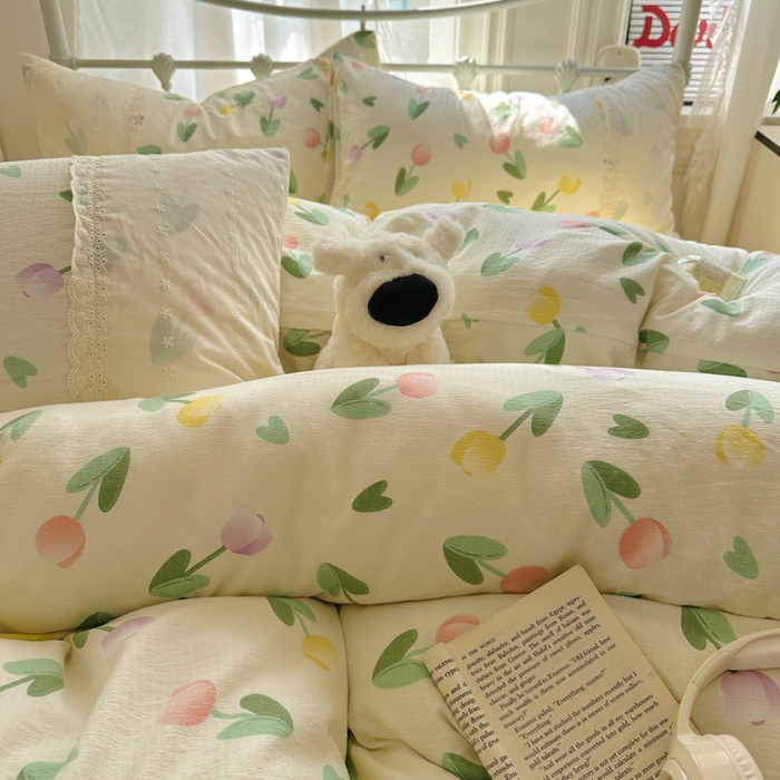 91家纺网 家纺一手货源 找家纺 （总）花伞家居 2025新款A类韩系蕾丝花边云感木棉双层纱四件套（提供买家秀）