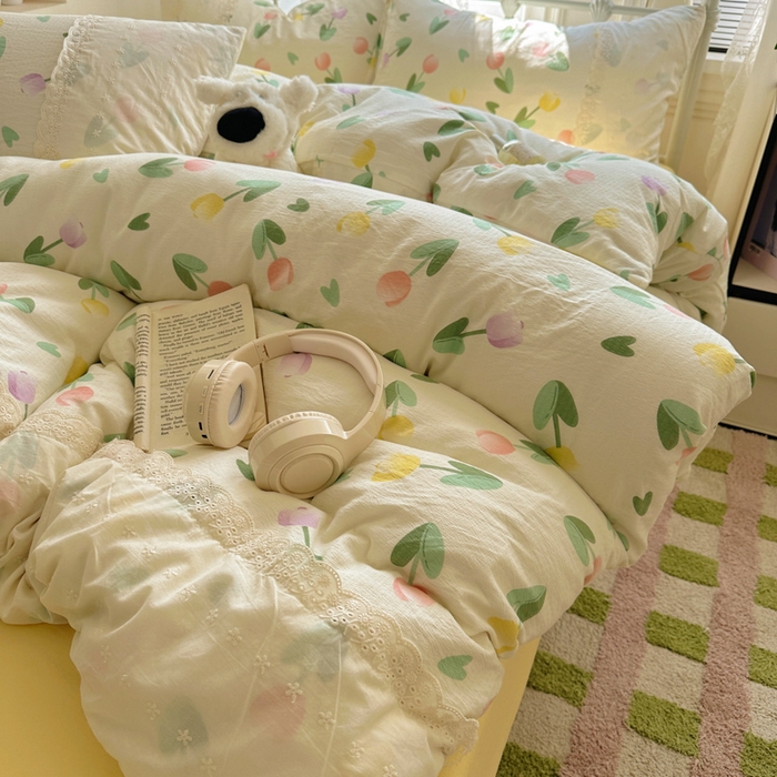 91家纺网 家纺一手货源 找家纺 （总）花伞家居 2025新款A类韩系蕾丝花边云感木棉双层纱四件套（提供买家秀）