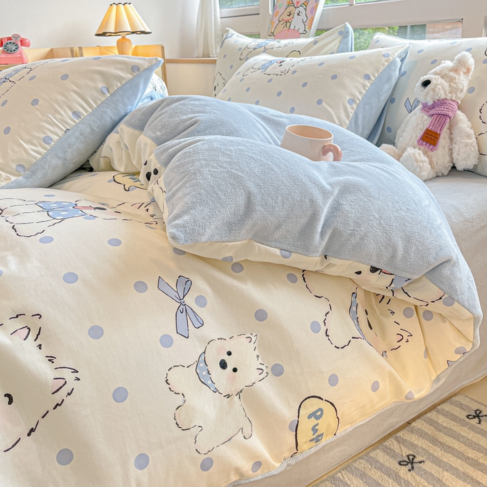 91家纺网 家纺一手货源 找家纺 麦伦家居 2025秋冬新款多功能床品全棉+牛奶绒印花四件套 波点狗