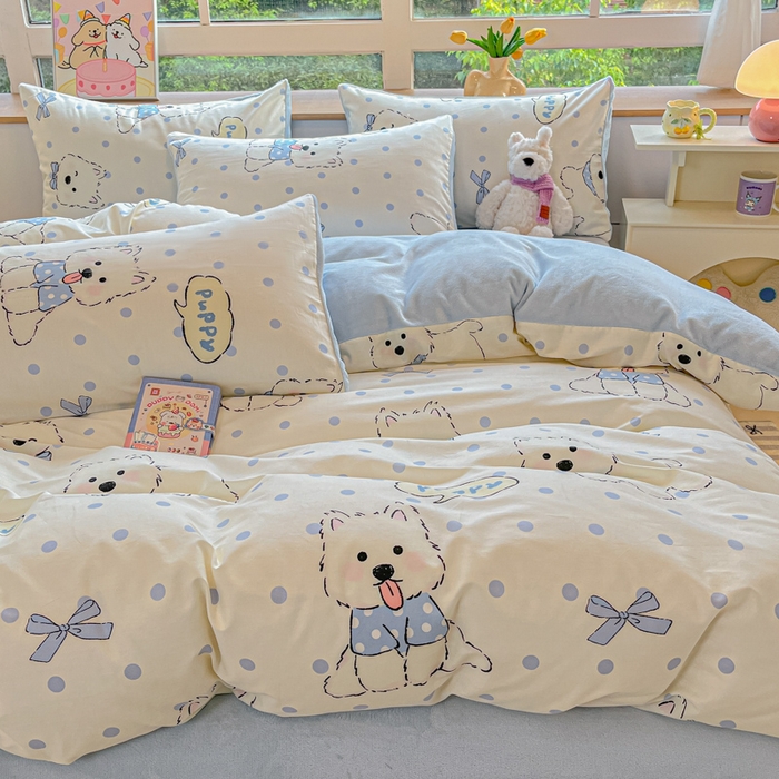 91家纺网 家纺一手货源 找家纺 麦伦家居 2025秋冬新款多功能床品全棉+牛奶绒印花四件套 波点狗