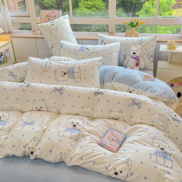 91家纺网 家纺一手货源 找家纺 麦伦家居 2025秋冬新款多功能床品全棉+牛奶绒印花四件套 波点狗