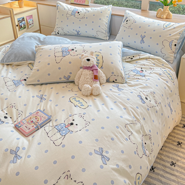 91家纺网 家纺一手货源 找家纺 麦伦家居 2025秋冬新款多功能床品全棉+牛奶绒印花四件套 波点狗