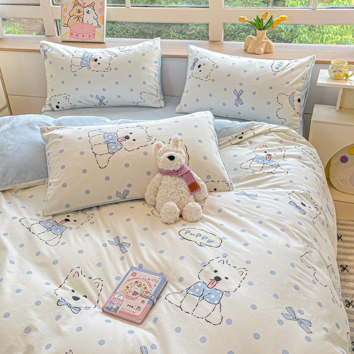 91家纺网 家纺一手货源 找家纺 麦伦家居 2025秋冬新款多功能床品全棉+牛奶绒印花四件套 波点狗