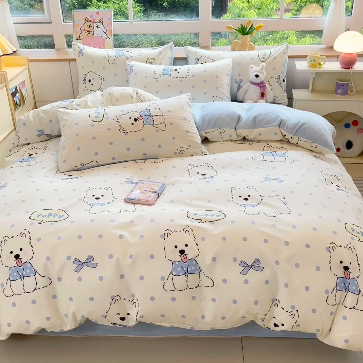 91家纺网 家纺一手货源 找家纺 麦伦家居 2025秋冬新款多功能床品全棉+牛奶绒印花四件套 波点狗