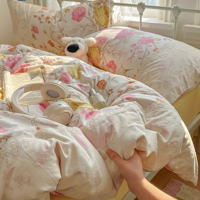 91家纺网 家纺一手货源 找家纺 （总）花伞家居 2025新款A类韩系蕾丝花边云感木棉双层纱四件套（提供买家秀）