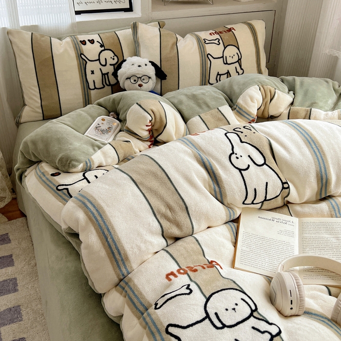 繁花家居 2025新款200克牛奶绒小清新卡通复古风三件套四件套 线条小白狗