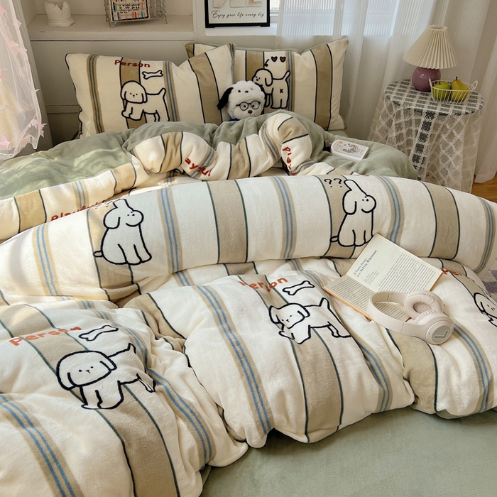 91家纺网 家纺一手货源 找家纺 繁花家居 2025新款200克牛奶绒小清新卡通复古风三件套四件套 线条小白狗