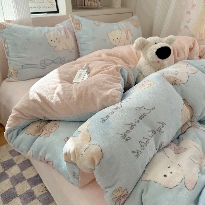 繁花家居 2025新款200克牛奶绒小清新卡通复古风三件套四件套 小猫奶油