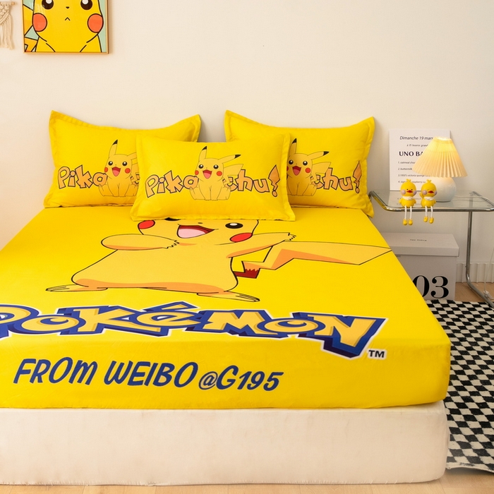 91家纺网 家纺一手货源 找家纺 一电 2024新款卡通床单床笠棕垫床套防尘罩席床垫保护套卡通儿童上下床床单床笠-第一批 唱歌皮卡丘