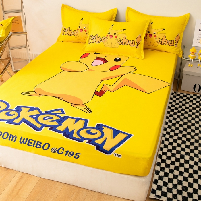 91家纺网 家纺一手货源 找家纺 一电 2024新款卡通床单床笠棕垫床套防尘罩席床垫保护套卡通儿童上下床床单床笠-第一批 唱歌皮卡丘