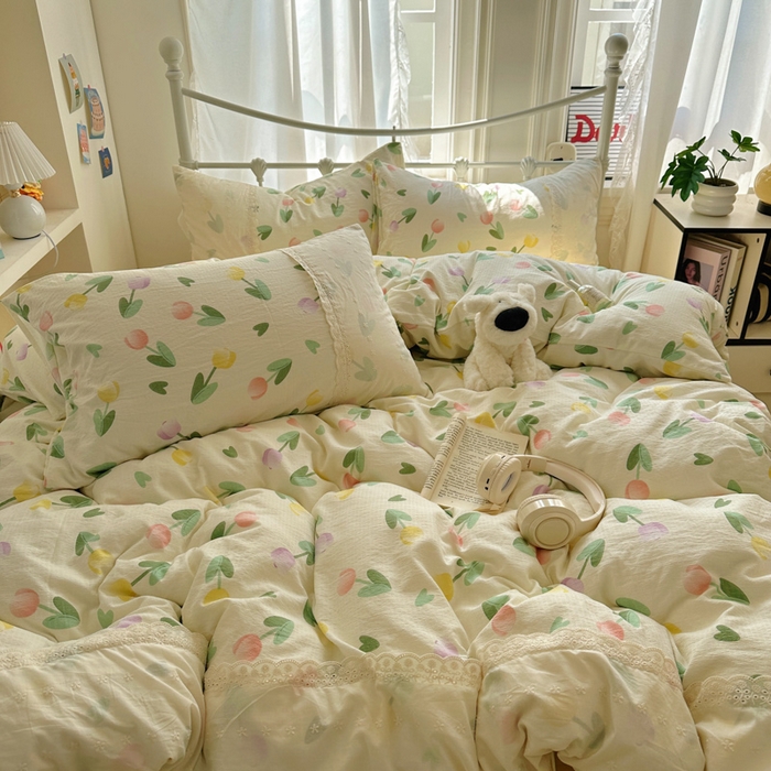 91家纺网 家纺一手货源 找家纺 花伞家居 2025新款A类韩系蕾丝花边云感木棉双层纱四件套（提供买家秀） 韩系彩色郁金香