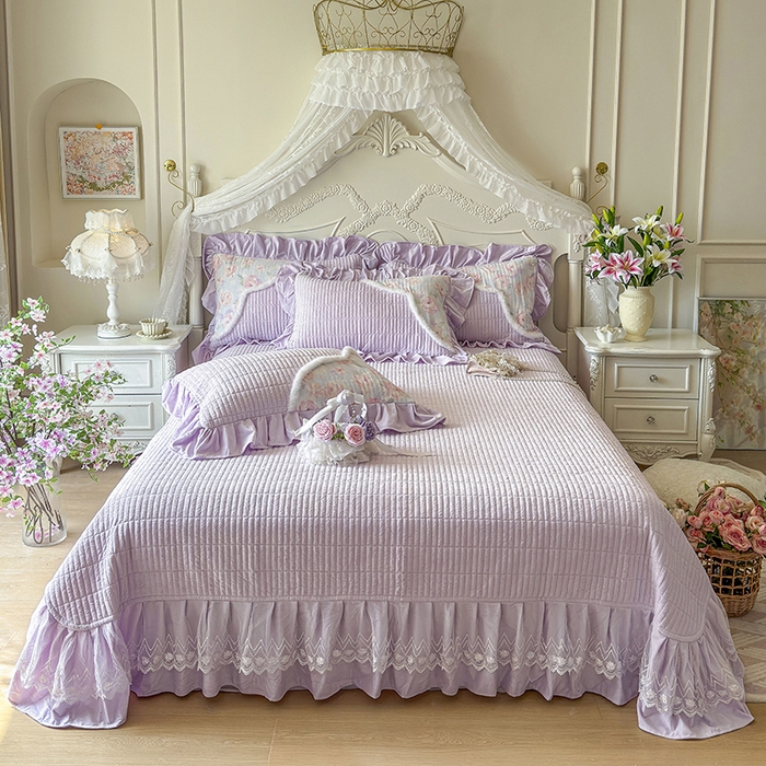 91家纺网 家纺一手货源 找家纺 宜凡家纺 2025新款婴儿绒压花撞色双拼夹棉床盖四件套 床盖款-紫幸