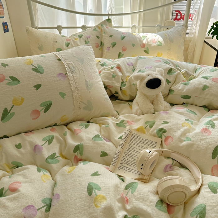 91家纺网 家纺一手货源 找家纺 花伞家居 2025新款A类韩系蕾丝花边云感木棉双层纱四件套（提供买家秀） 韩系彩色郁金香