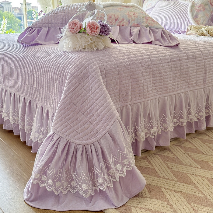 91家纺网 家纺一手货源 找家纺 宜凡家纺 2025新款婴儿绒压花撞色双拼夹棉床盖四件套 床盖款-紫幸