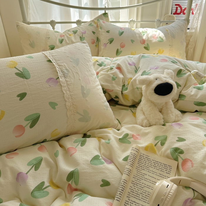 91家纺网 家纺一手货源 找家纺 花伞家居 2025新款A类韩系蕾丝花边云感木棉双层纱四件套（提供买家秀） 韩系彩色郁金香