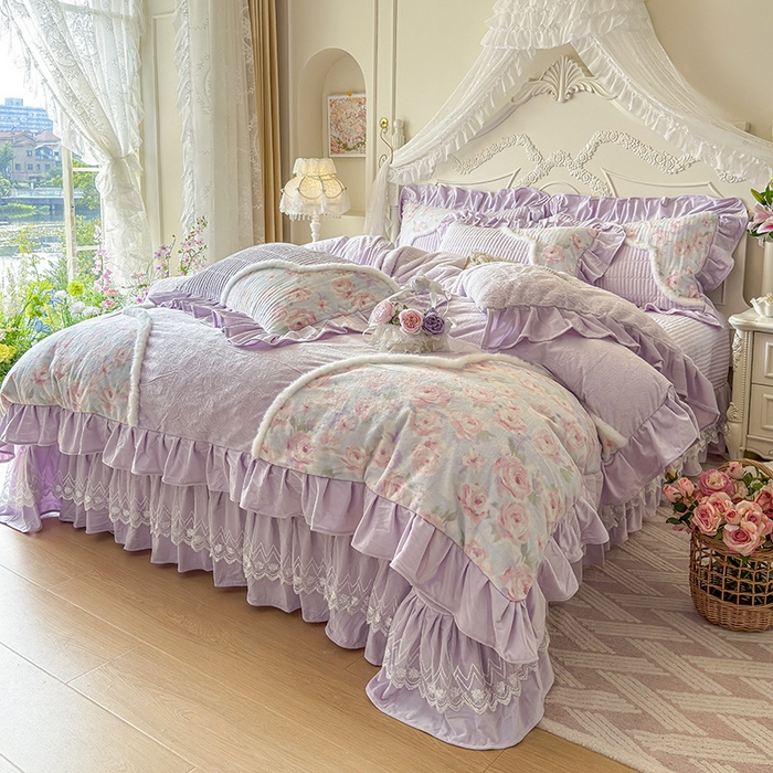 91家纺网 家纺一手货源 找家纺 宜凡家纺 2025新款婴儿绒压花撞色双拼夹棉床盖四件套 床盖款-紫幸