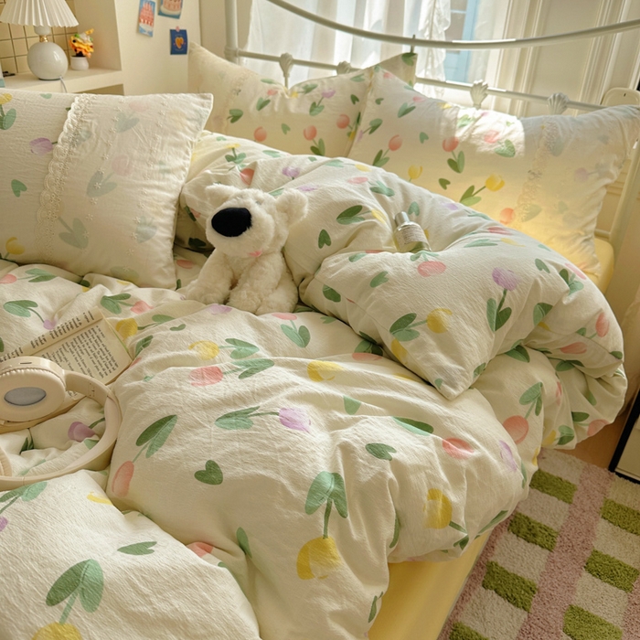 91家纺网 家纺一手货源 找家纺 花伞家居 2025新款A类韩系蕾丝花边云感木棉双层纱四件套（提供买家秀） 韩系彩色郁金香