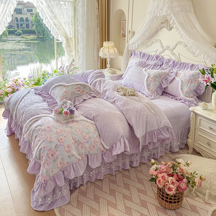 91家纺网 家纺一手货源 找家纺 宜凡家纺 2025新款婴儿绒压花撞色双拼夹棉床盖四件套 床盖款-紫幸