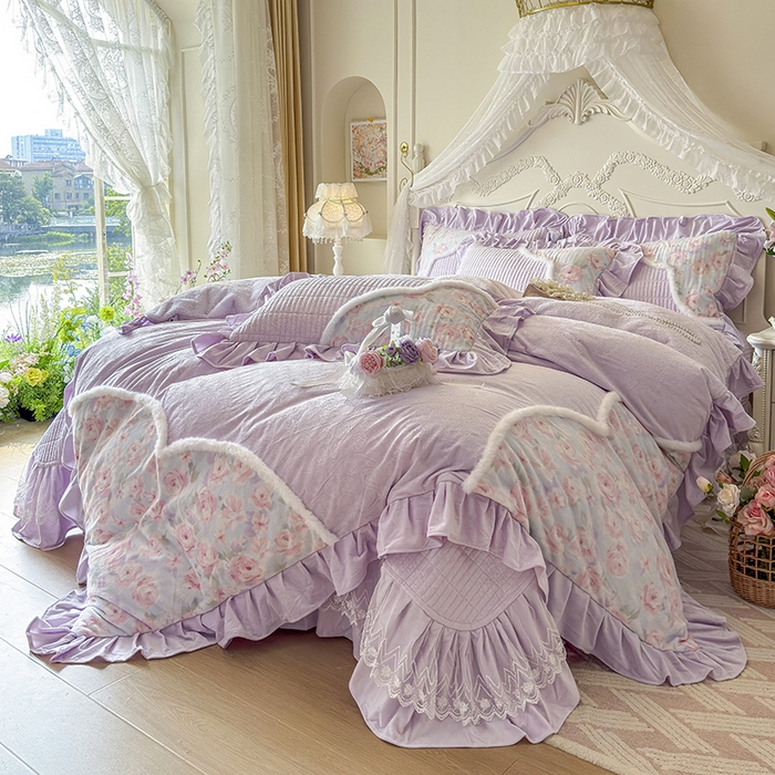 91家纺网 家纺一手货源 找家纺 宜凡家纺 2025新款婴儿绒压花撞色双拼夹棉床盖四件套 床盖款-紫幸