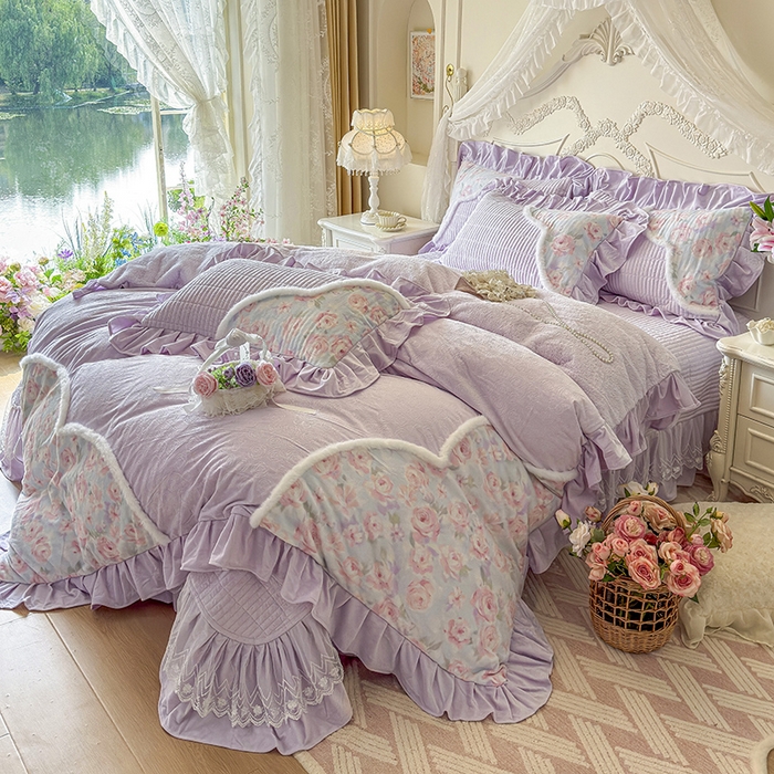 91家纺网 家纺一手货源 找家纺 宜凡家纺 2025新款婴儿绒压花撞色双拼夹棉床盖四件套 床盖款-紫幸