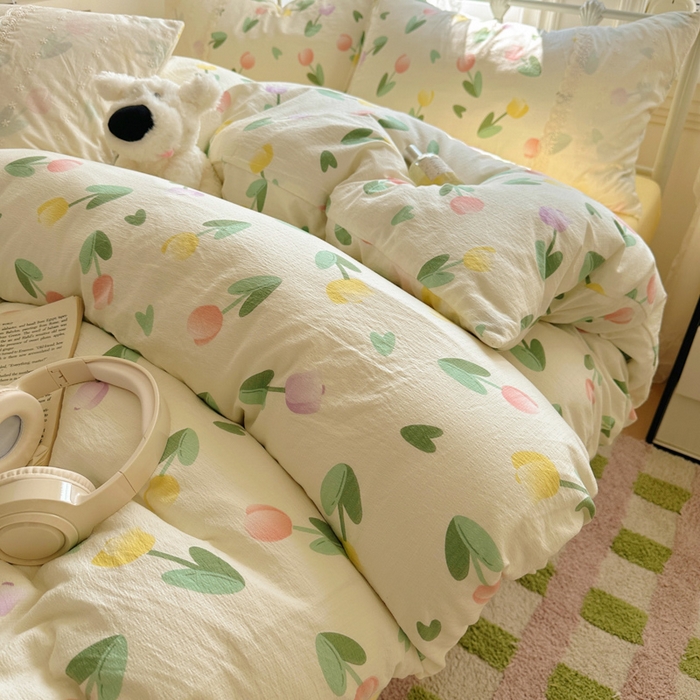 91家纺网 家纺一手货源 找家纺 花伞家居 2025新款A类韩系蕾丝花边云感木棉双层纱四件套（提供买家秀） 韩系彩色郁金香