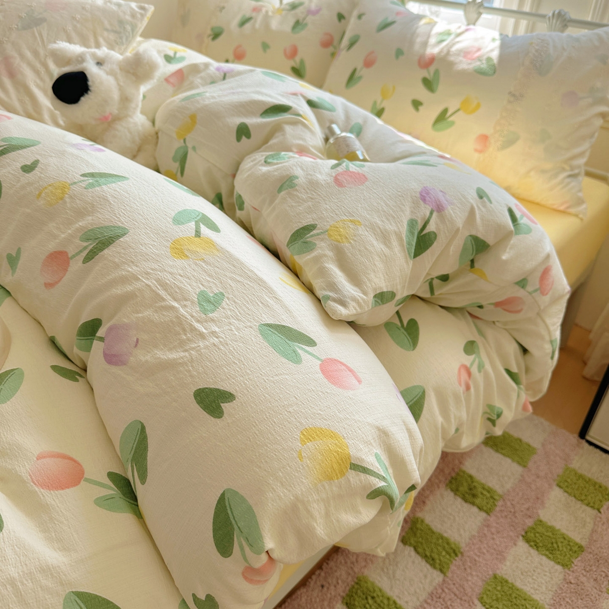 91家纺网 家纺一手货源 找家纺 花伞家居 2025新款A类韩系蕾丝花边云感木棉双层纱四件套（提供买家秀） 韩系彩色郁金香