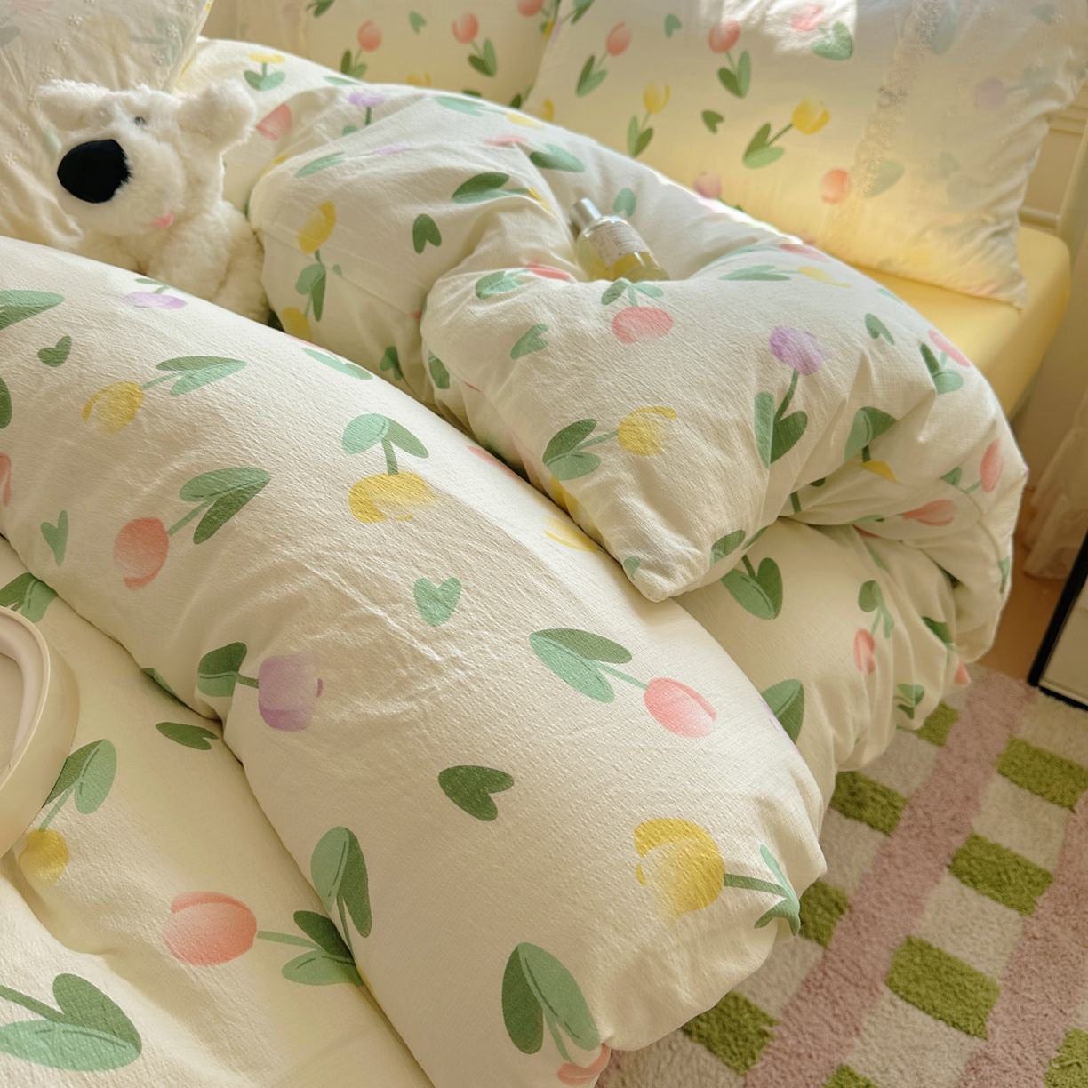 91家纺网 家纺一手货源 找家纺 花伞家居 2025新款A类韩系蕾丝花边云感木棉双层纱四件套（提供买家秀） 韩系彩色郁金香