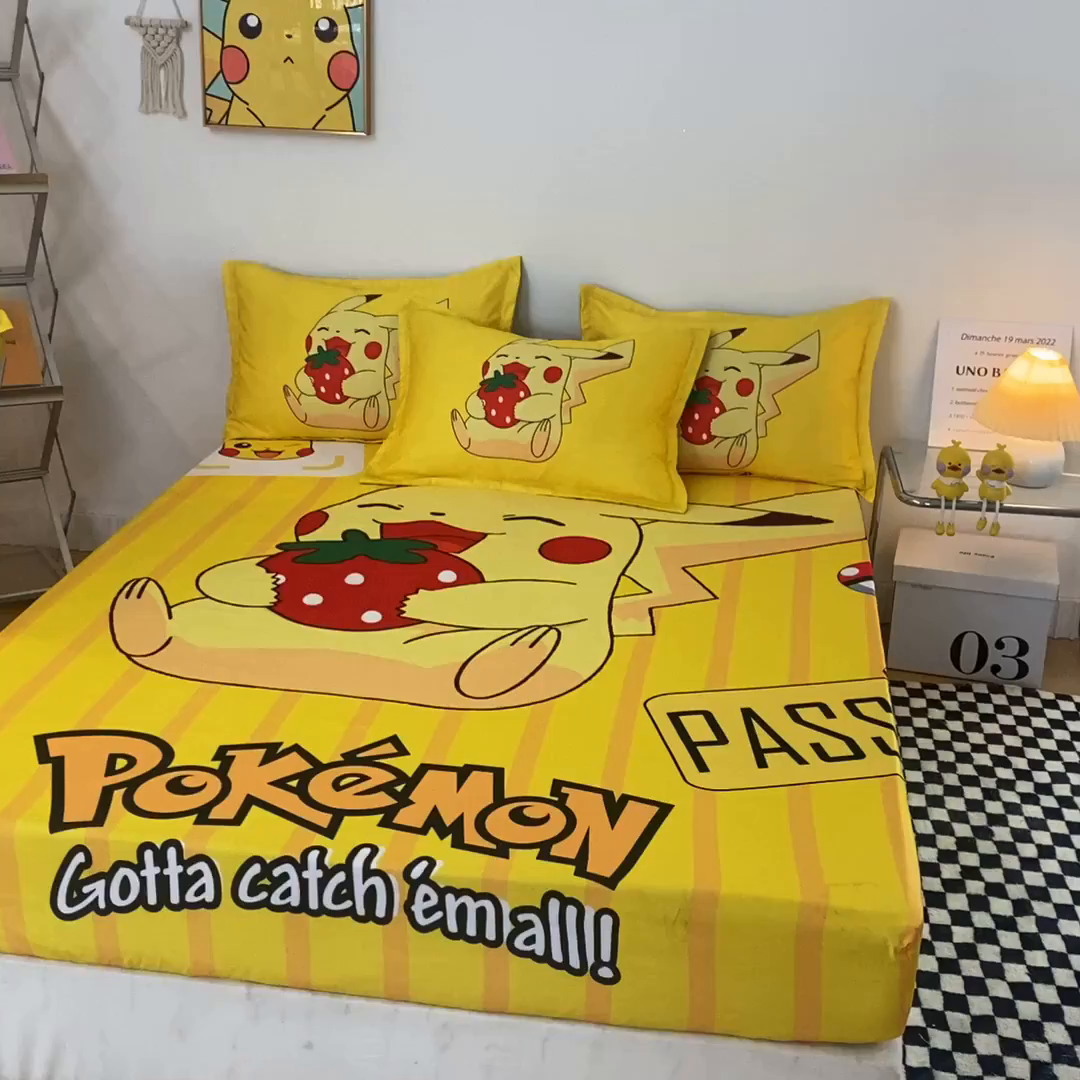 91家纺网 家纺一手货源 找家纺 一电 2024新款卡通床单床笠棕垫床套防尘罩席床垫保护套卡通儿童上下床床单床笠-第一批 草莓皮卡丘